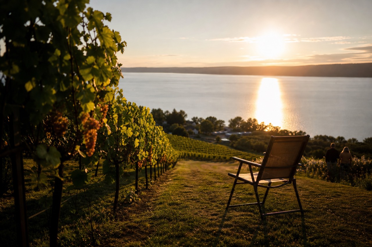 Vineyard rows on a slope above a long Finger Lake at golden hour, no text, no logos, no people