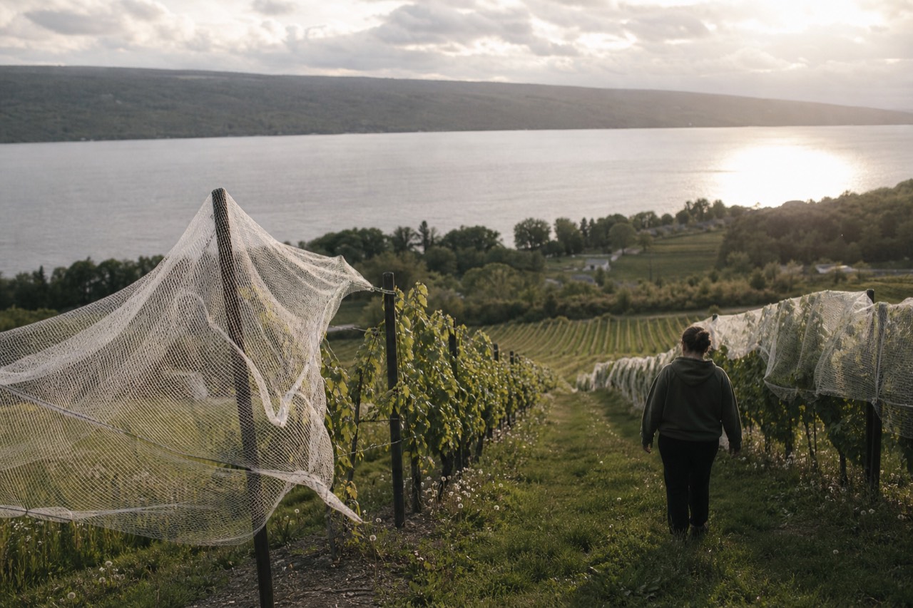Vineyard rows on a slope above a Finger Lakes shoreline, no text, no logos, no people