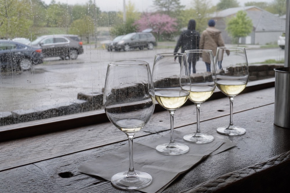 A tasting flight of white wines on a wooden tasting room counter, no text, no logos, no people