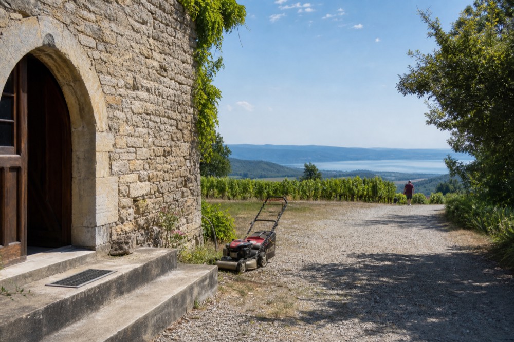 A stone winery building with vineyards rolling down toward water, no text, no logos, no people