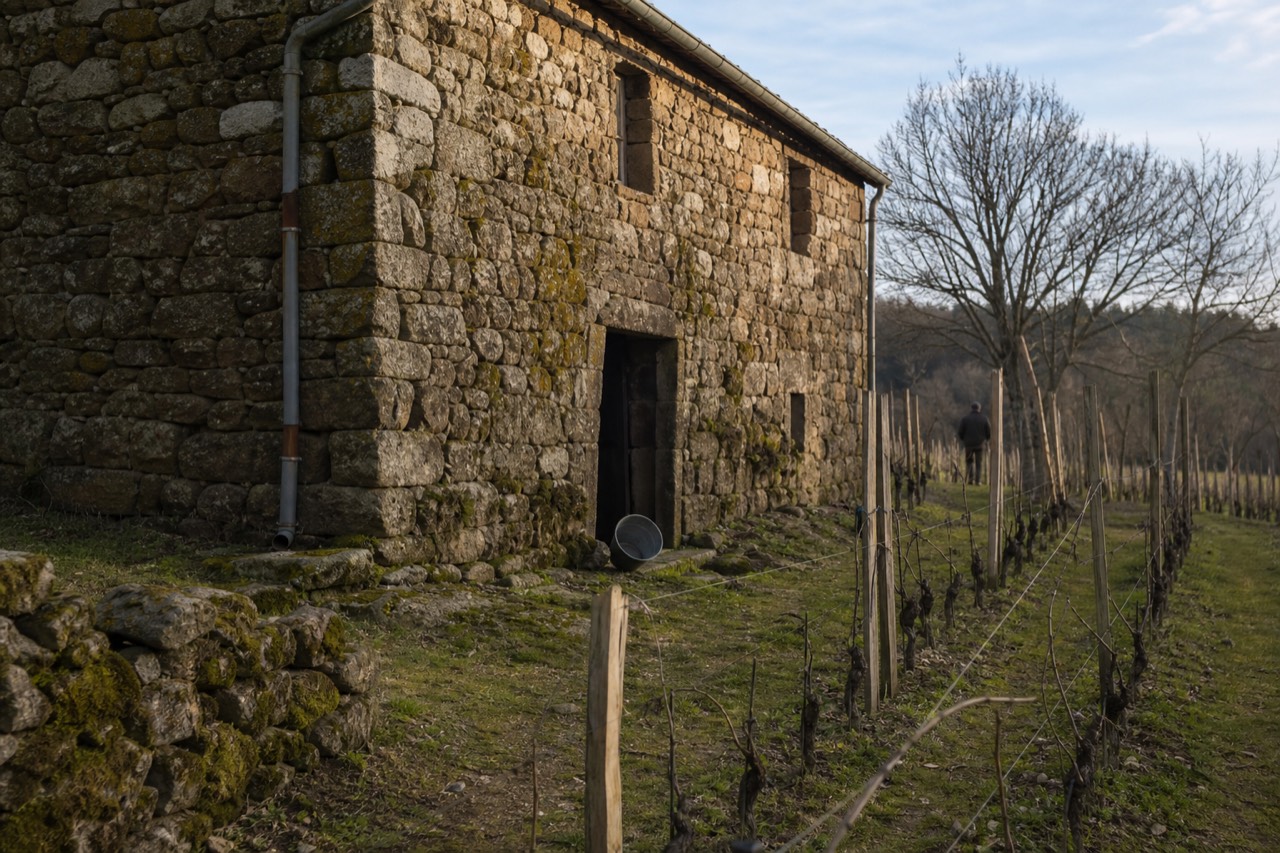 Historic stone winery building with vineyard rows, no text, no logos, no people