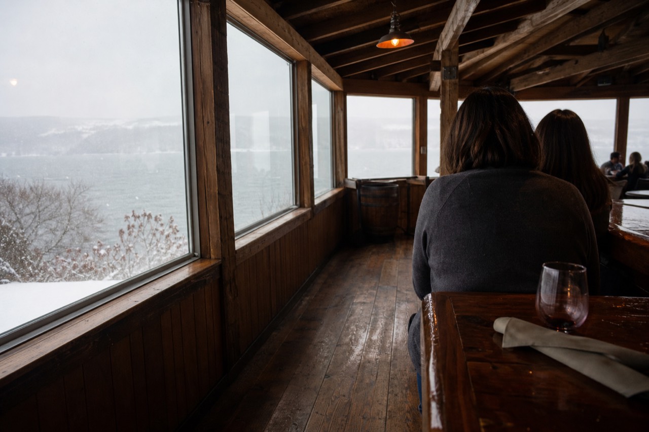 A tasting room overlooking Seneca Lake, no text, no logos, no people