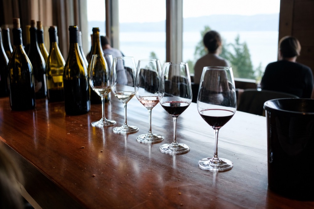 Tasting room counter with wine bottles and glasses arranged for a flight, no text, no logos, no people