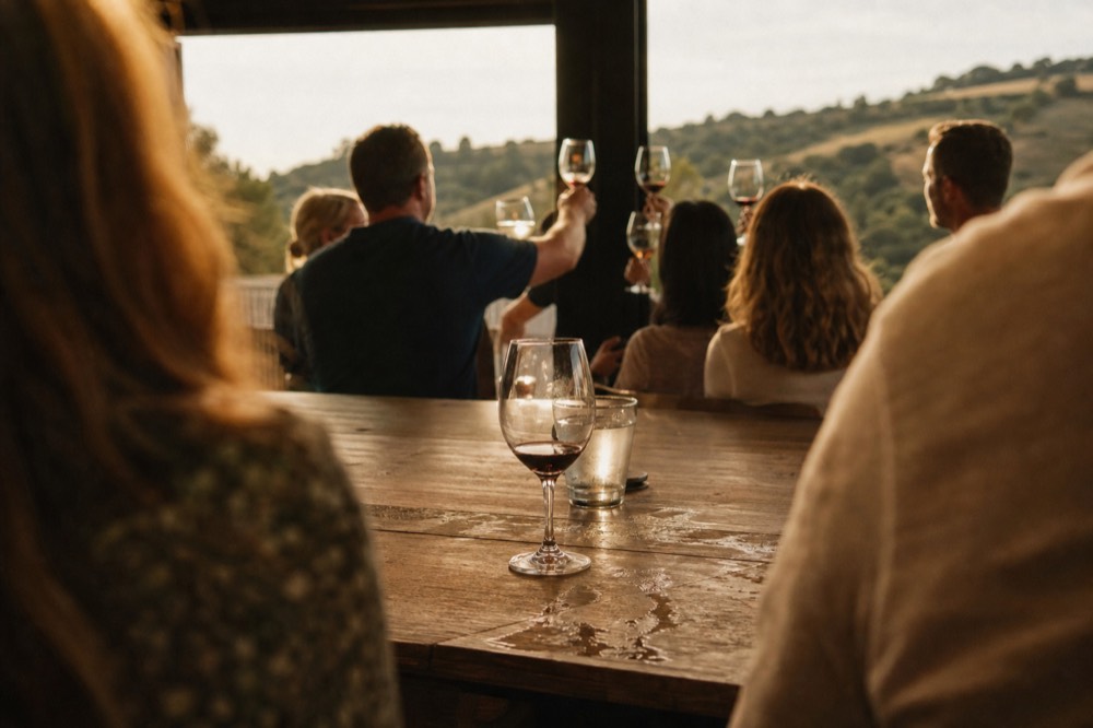 A group raising tasting glasses at a winery bar at golden hour, no text, no logos, no people