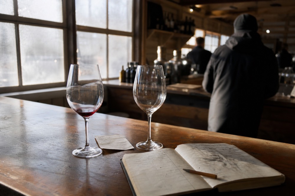 A receipt and wine glasses beside a ledger on a tasting room bar, no text, no logos, no people