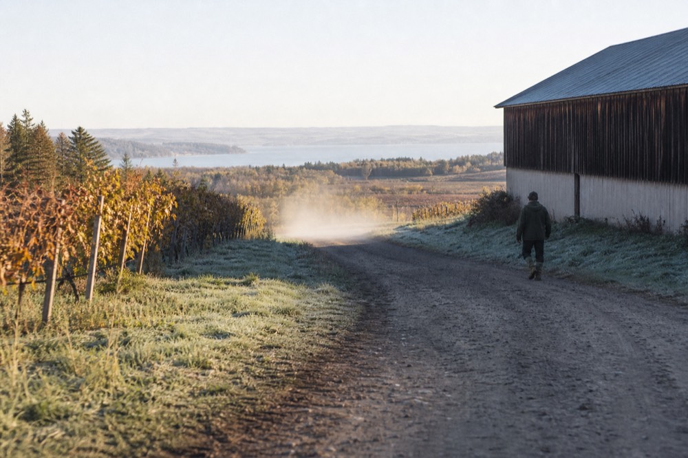A country road curving past vineyards and a barn toward a lake in the distance, no text, no logos, no people